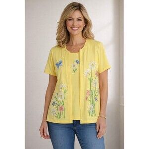 New Quacker Factory Wildflowers Embroidered Beaded Knit Duet Yellow Medium
